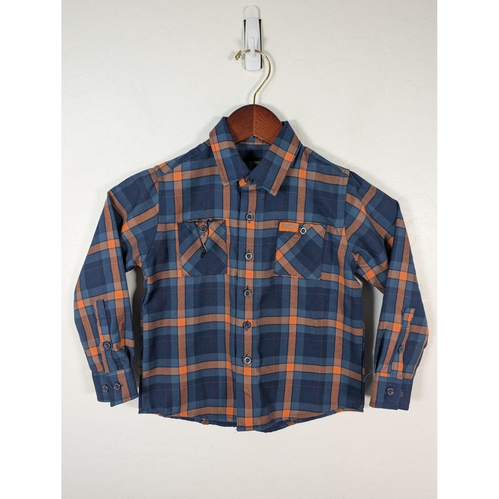 Dixxon Flannel Shirt Youth XS Blue Orange‎ Plaid D-Tech Blend Button Up Pockets